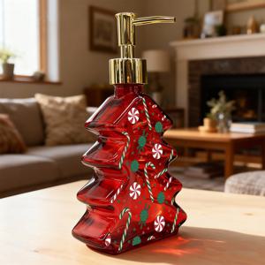 TEMU 수납형 디스펜서 병 (수동 펌프 포함) - 크리스마스 분위기 디자인, 빨간색 & 초록색 사탕 막대 패턴, 욕실, 주방 및 여행용으로 적합
