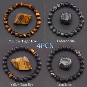 TEMU 남성용 천연 타이거 아이 스톤 비즈 팔찌 4개 세트 - 대리석 패턴 옐로우, 브라운, 블랙 & 골든, 폴리싱된 트루/페이크 조각 보석, 내구성 좋은 캐주얼 웨어, 패션 액세서리, 고품질 스톤, 스타일리시한 손목 장식, 패션 매니아