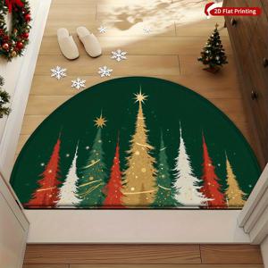 TEMU 크리스마스 트리 하프 서클 소프트 플란넬 미끄럼 방지 현관 매트 - 2D 평면 프린트 크리스마스 트리 패턴 장식 & 소나무 가지, 세탁기 사용 가능 매트, 현관, 거실, 침실용 - 장식 선물 (), 2D 평면