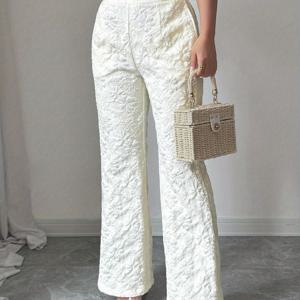 TEMU 여성용 우아한 화이트 자수 플레어 레그 팬츠, 하이웨스트, 단색, 부드러운 원단, 포켓 디테일, 포멀 또는 캐주얼, 스타일리시한 단색 패턴, 크리스마스 파티, 새해, 데이트, 일상복에 편안함