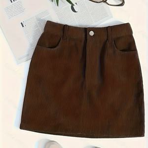TEMU 포켓이 달린 우아한 브라운 코듀로이 스커트 | 편안하고 스타일리시하며 캐주얼 또는 포멀 웨어에 적합, 올 시즌 솔리드 컬러 숏 기장 스커트
