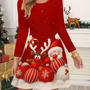 TEMU 여성 크리스마스 드레스 (산타 & 사슴 프린트) | 긴소매 A라인 스윙 드레스, 축제 분위기 파티 드레스, 편안한 신축성 있는 원단, 크리스마스 가족 모임 의상