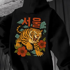 TEMU 남성용 한국 스타일의 호랑이 & 한국 텍스트 프린트 후드 스웨트셔츠 - 헤비웨이트 겨울 따뜻함, 캐주얼 풀오버, 캥거루 포켓, 데일리 & 포멀룩을 위한 루즈핏 - 액센트, 한국어 레터링 & 한국 텍스트 디자인 스웨터