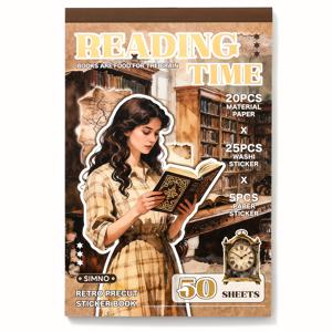 TEMU 사람들이 읽는 스티커북, 스크랩북용 종이 20장, 프리컷 와시 스티커 25개 & 종이 스티커 5개, 저널링, 스크랩북, 불렛저널, 플래너, 다이어리, 스크랩북 용품 키트, 성인용 공예 예술