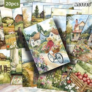 TEMU 20팩 ASSTSS 빈티지 봄 마을 풍경 카드 - 4x6인치 레트로 핀업 일러스트 저널 페이지, 그린 봄 테마, 스크랩북, 공예, 잡지 저널 및 선물 포장용 수집용 종이 시트