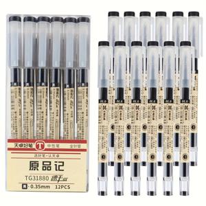 TEMU 12개입 0.35mm 초극세모 블랙 젤 펜 | 일본 스타일 볼펜 디자인, 빠른 건조, 번짐 방지, 필기, 사무실 회의 및 저널링에 적합