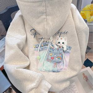 TEMU 아메리칸 빈티지 컬러풀 데님 캔버스 백 & 캣 프린트 긴팔 안감 가을 겨울 여성 후드 스웨트셔츠 루즈 캐주얼 스타일리시 다용도 레이지 스타일 후드 탑