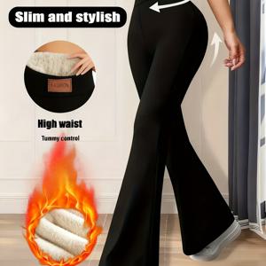 TEMU 여성용 겨울 따뜻한 와이드 레그 벨바지 팬츠 - 고허리 보온 바지, 탄력성 있는 솔리드 컬러 (///그레이) | 가정용, 야외용 및 추운 날씨용 세탁기 사용 가능 | 캐주얼 엘레강트 롱 팬츠