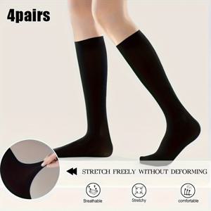 TEMU 여성용 신축성 좋은 니하이 삭스 4켤레 - 높은 탄성, 캐주얼 및 포멀룩을 위한 솔리드 컬러 조합 용이, 봄, 여름용 얇은 양말