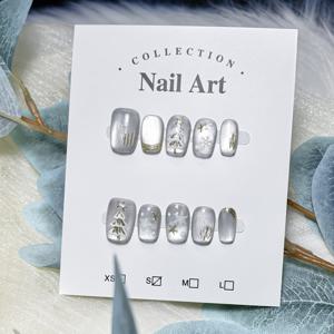 TEMU 10개 세트 핸드메이드 프레스온 네일, 크리스마스 신상 디자인 눈꽃 크리스마스 트리 실버 글리터 캣아이 메탈릭 스타 고급스러운 숏 프레스온 네일