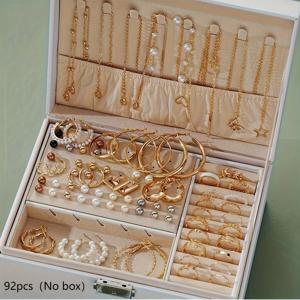 TEMU 92피스 우아한 꽃 나비 여성용 주얼리 세트 – 별 하트 귀걸이, 반지, 목걸이, 빈티지 스타일, KC 골드 도금, 모조 진주, 아연 합금, 철제 귀针, 여성에게 이상적인 선물, 데일리, 파티룩, 박스 없음