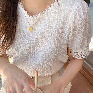 TEMU 여성용 레이스 라운드 펀칭 퍼프 반팔 블라우스 여름 화이트 셔츠 데일리 캐주얼 우아하고 귀여운 레이스 셔링 티셔츠 상의