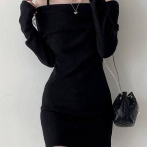 TEMU 여성용 추동 계절 데일리 랩원피스 솔리드 오프숄더 데이트룩 슬림핏 홀터넥 긴팔 미니원피스 일자 숄더 패션 파티복 니트원피스 SLIM GIRL 슬림소녀