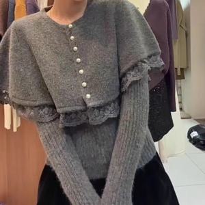 TEMU 레트로 스위트 레이스 스티칭 케이프 숄 니트 하단 셔츠 스웨터 여성용 가을/겨울 투피스 세트