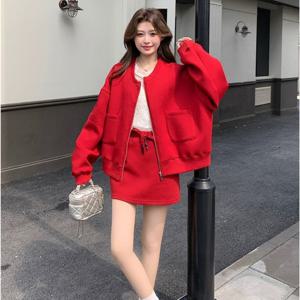 TEMU 한국 스포츠 및 레저 스웨터 슈트 스커트 여성 봄/가을 지퍼 야구 유니폼 재킷 하이웨스트 A라인 숏 스커트 투피스 세트