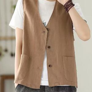 TEMU 여성 여름 얇은 면마 빈티지 캐주얼 민소매 솔리드 카디건 포켓 조끼 패션 통근 야상 베스트 나시 코트 슬림소녀 SLIM GIRL