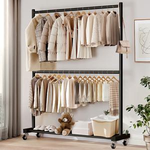 TEMU KISMIS 2단 이동식 튼튼한 다용도 행거 - 실내 의류 전시 및 정리용 - 블랙 바닥형 (조립 필요) / 침실, 세탁실, 거실용|거실장