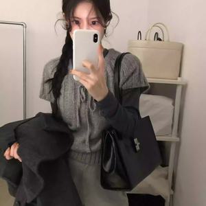 TEMU 한국 동대문 나이감소 넥라인 레이스업 래글런 소매 풀오버 반팔 스웨터 여성용 오버레이 스웨터 베스트