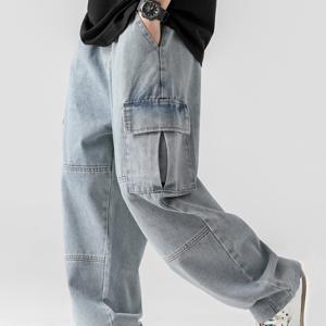 TEMU 남성용 빈티지 워싱 청바지 입체 포켓 와이드 데님 카고 롱팬츠