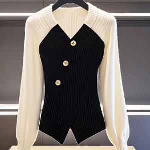 TEMU 블랙 앤 화이트 컬러 블로킹 V넥 긴팔 가디건 여성 가을/겨울 고급 탑