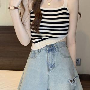 TEMU 여성 여름 슬림핏 얇은 심플 편안한 니트 끈 나시 데일리 통기성 민소매 캐주얼 쇼트 티셔츠 상의 슬림소녀 SLIM GIRL