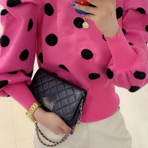 TEMU 2025년 가을 신상 물방울 무늬 풀오버 퍼프 슬리브 한국 패션 레트로 우아한 여성 스웨터