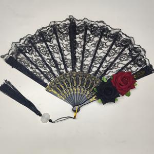 TEMU 빈티지 스타일 블랙 레이스 장미 디자인 손扇, 여성 및 할로윈 파티, 코스프레 의상, 사진 소품, 공연, 댄스, 장식 및 선물로 완벽합니다.|접이식선풍기
