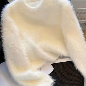 TEMU 여성용 우아한 페이크 퍼 스웨터 - 플러시 풀오버 코트, 겨울철 여성 스웨터, 쉬운 관리 가능한 추위 방지 의류 (손세탁/드라이클리닝), 클래식 라운드넥, 중간 신축성 원단