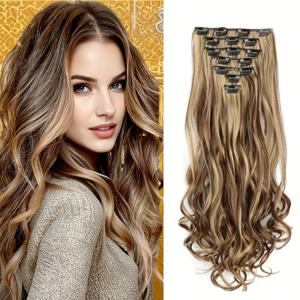 TEMU 7개 세트 24인치 클립인 헤어 익스텐션 - 열에 강한 긴 -웨이브 포니테일 스타일 브라운/블론드 옴브레 (접착제/봉제 필요 없음) - 파티, 웨딩, 데일리용 즉각적인 볼륨 & 길이 연장