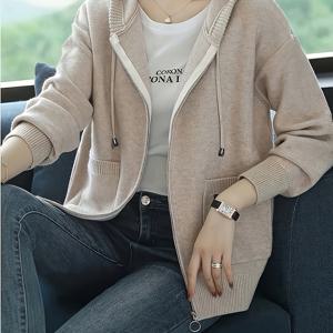 TEMU 굿이야 여성용 우아한 지퍼 프론트 후드 자켓 - 겨울용 따뜻한 , 긴 소매 솔리드 컬러 코트, 가을/겨울 캐주얼 & 드레시 아우터웨어 (손세탁/드라이클리닝)