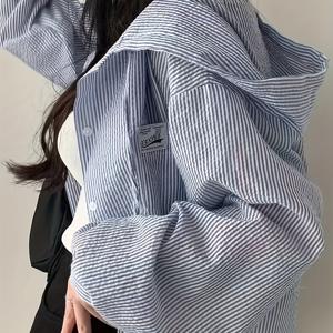 TEMU 여성용 후드, 대비되는 세로 , 넥타이가 특징인 루즈하고 캐주얼한 반팔 재킷이 특징인 한국 스타일의 시원한 가을 패션입니다.