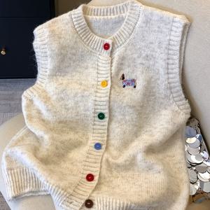 TEMU 여성용 우아한 사계절 민소매 블라우스 - 라운드넥 & 컬러풀 버튼 디자인, 핸드 자수 카툰 스타일 플로럴/리프 패턴, 부드럽고 신축성 좋은 카디건 스타일 탑, 캐주얼 또는 드레시 웨어 (드라이클리닝 금지, 손세탁 가능)