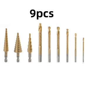 TEMU 9개입 고강도 금속 스텝 드릴 비트 세트 (타워형 다단 홀 오프너 포함) - 목공 및 금속 가공용 고정밀 코어 보링 툴