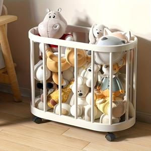 TEMU 1개 장난감 및 옷 보관 바구니, 4개 바퀴, 귀여운 동물 얼굴 뚜껑 및 흰색 프레임 - 내구성 있는 플라스틱 직사각형 보관함, 놀이방 및 방에 적합 - 바닥 청소가 쉬운 카트 스타일