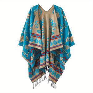 TEMU 빈티지 오픈 프론트 타셀 숄 플라워 패턴 스트레치 가디건 폰초 캐주얼 방풍 방한 숄 랩 보호 따뜻한 여성용 담요 숄