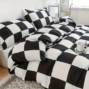 TEMU 3pcs 이불 커버 세트, 흑백 격자 인쇄 침구 세트, 부드럽고 편안한 이불 커버, 침실, 객실용(1 * 이불 커버 + 2 * 베갯잇, 코어 없음)