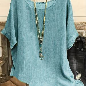 TEMU 플러스 사이즈 캐주얼 반팔 티셔츠 - 가벼운 세미시어 라운드넥 탑, 봄 여름 가을용 기계세탁 가능 논스트레치 원단, 다용도 레이어링 필수품