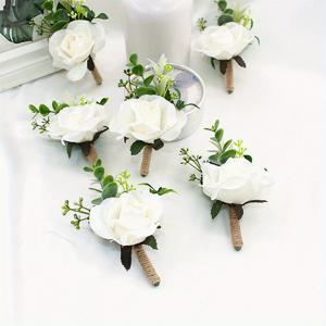 TEMU 인공 흰 장미 부토니에르 6개 팩, 남성용 원단 신랑 & 베스트 맨 웨딩 액세서리, 삼베 로프 & 유칼립투스, 배터리 불필요, 약혼, 결혼식, 기념일, 공식 행사 & 귀국 장식에 완벽