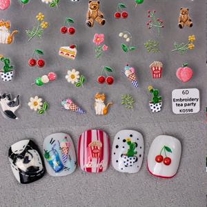 TEMU 여성과 소녀들을 위한 자기 접착식 네일 아트 용품, 키튼 복숭아 케이크 디자인이 있는 6D 각인 네일 아트 스티커, 케이크 체리 열대 식물 네일 아트 스티커