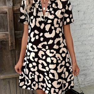 TEMU 프린트 노치 넥 드레스, 우아한 반팔 편안한 드레스, 여성 의류