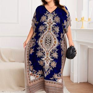 TEMU 플러스 사이즈 - 귀여운 플러스 사이즈 V넥 맥시 드레스, 베트윙 슬리브, 컬러 블록 디자인, 텔, 브라운, 화이트 기하학적 프린트, 루즈핏, 긴 길이, 여성용 캐주얼 웨어 드레스 | V넥 드레스 | 비스트레치 소재|인견원피스