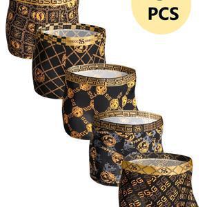 TEMU 블랙 & 골드 선물용 박스 5개 세트: 럭셔리 여름용 아이스 실키 섬유 프린트 부드럽고 통기성 좋은 박서 브리프