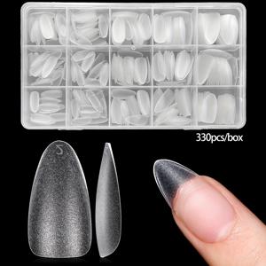 TEMU 330pcs 중간 아몬드 네일 팁 소프트 젤 네일 팁 키트, 15 사이즈 프리 버퍼 아몬드 네일 팁, 풀 커버 더블 사이드 매트 네일 아트 연장 프레스 온 네일