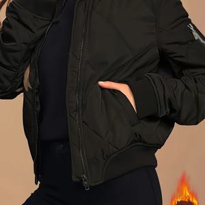 TEMU 집업 퀼팅 푹신한 코트, 가을 & 겨울용 캐주얼 보온 긴 소매 포켓 코트, 여성 의류