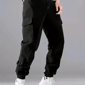 TEMU 남성을 위한 스타일리시한 솔리드 카고 바지, 측면 포켓이 있는 편안한 캐주얼한 여유로운 핏의 바지, 남성용 야외 활동용