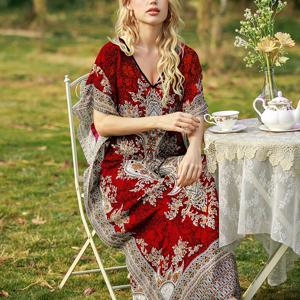 TEMU 플러스 사이즈, 2023 플로럴 프린트 맥시 드레스 - 중동 스타일 배트윙 소매 & 사이드 슬릿, 루즈핏 H라인 실루엣, 봄/여름 해변 휴가용 가벼운 비치웨어 드레스