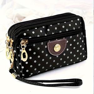 TEMU 시크한 폴카 도트 나일론 클러치와 손목끈 - 여성용 패션 지갑, 다양한 지퍼, 동전 & 열쇠 포켓, 그리고 휴대폰 거치대
