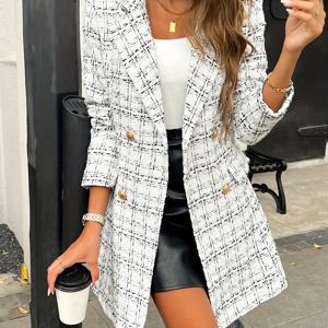 TEMU 유럽&미국 여성용 다용도 체크 패턴 메탈 버클 라펠 포켓 장식 우아한 코트
