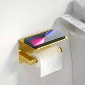 TEMU 럭셔리 골드 화장지 홀더, 휴대폰 선반 포함 - 204 스테인리스 스틸, 광택 처리된 자체 접착식 벽걸이, 무드릴 설치, 미끄럼 방지 설계 - 호텔 스타일 욕실 액세서리|욕실선반|변기부속품|화장지