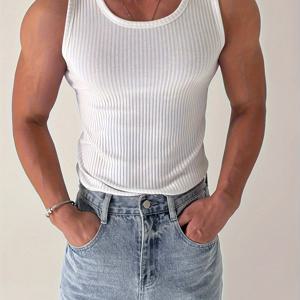 TEMU 여름 남성 리브 탱크탑 폴리에스터 100% 크루넥 미디엄 스트레치 단색 스포츠 슬리브리스 셔츠 러닝 피트니스 트레이닝용 - 운동용 스키니 핏 니트 원단 탱크